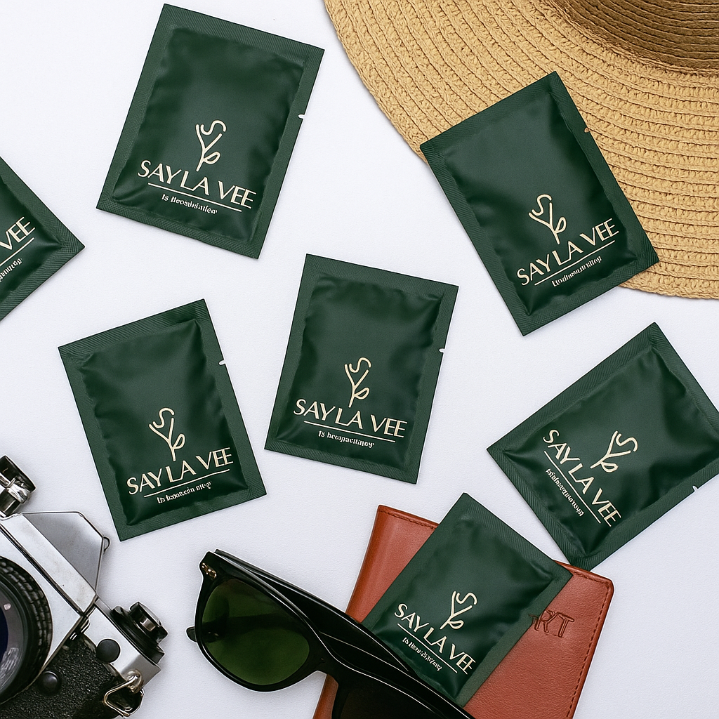 flat lay of travel-sized flushable wipes on neutral backgroundSayla Vee flushable wet wipes individually wrapped in aesthetic flat lay,Minimalist packaging for Sayla Vee flushable wet wipes 