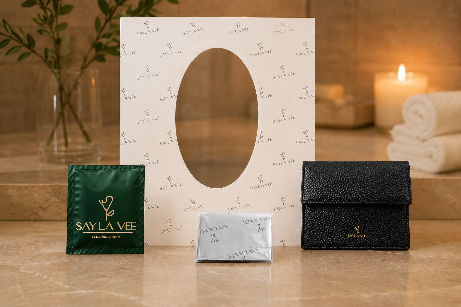 Sayla Vee Complete Travel Bundle - leather travel wallet with flushable wipes and toilet seat covers